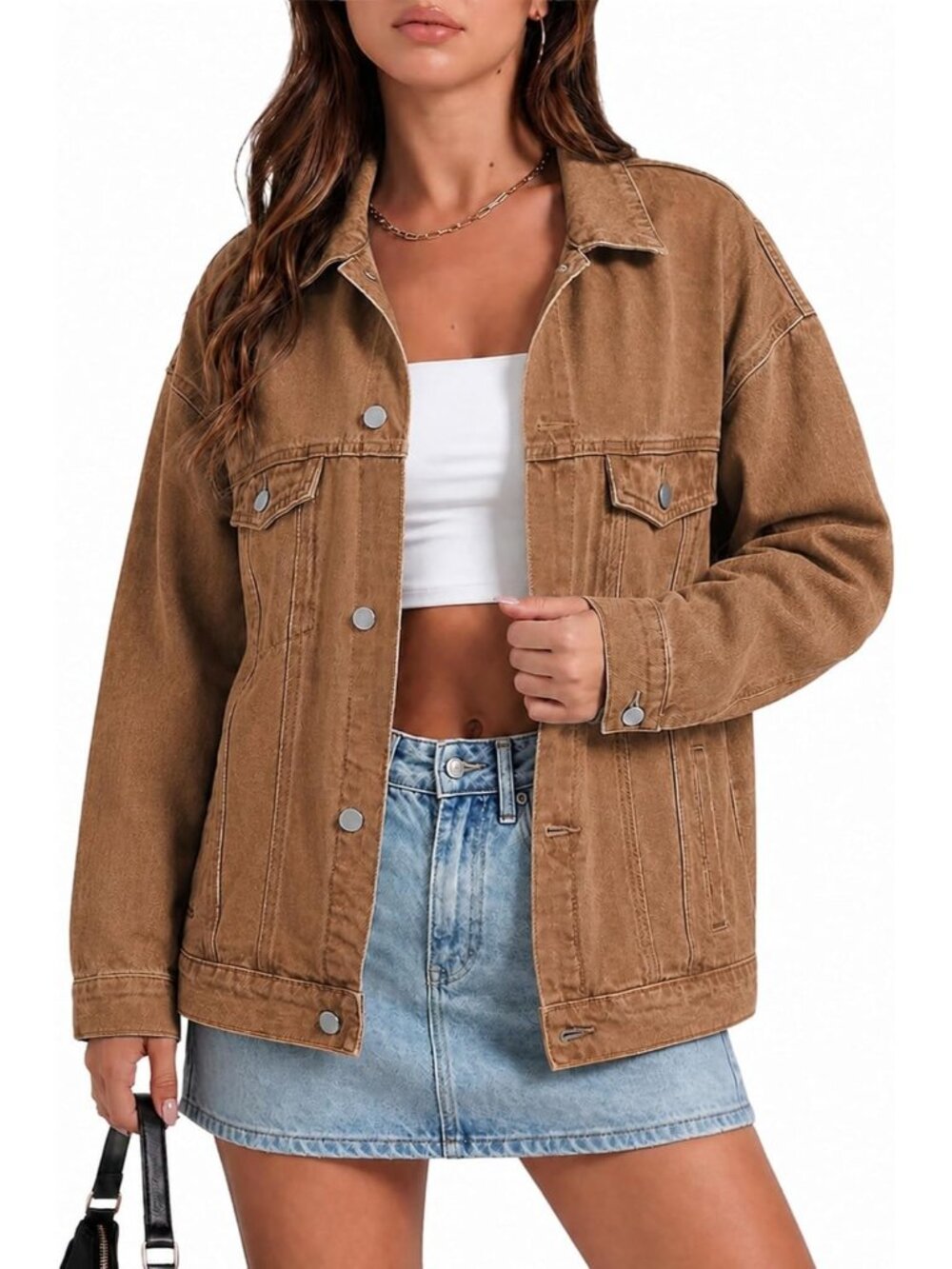 Women’s Brown Oversized Denim Jacket Button Down Boyfriend Style Pockets
